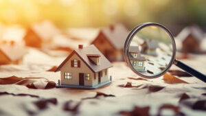 Model of home on leaves through magnifying glass.