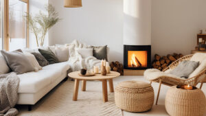 Cozy white living room with fireplace, white couch, and wicker chairs.