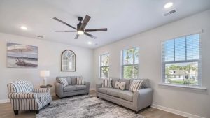 Well-furnished living room in a Charleston short-term rental
